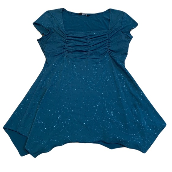 Mariposa Tops - Mariposa Y2K Glitter Ruched Asymmetrical Blouse - Teal, Size L